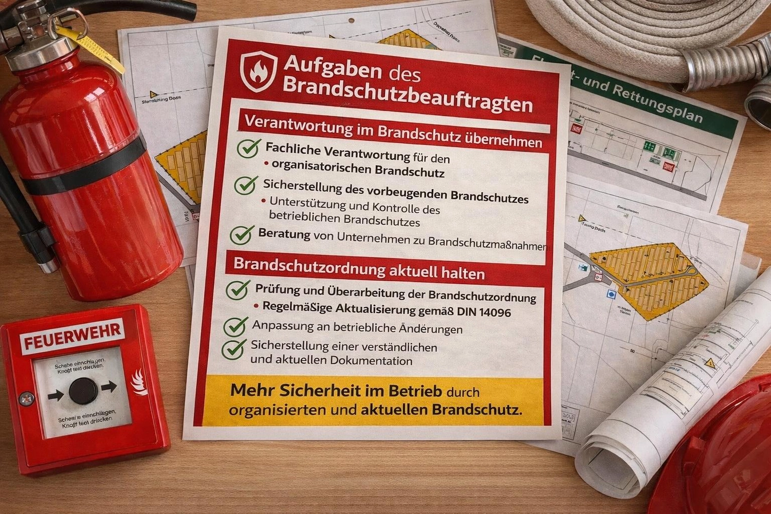 Unterlagen zu den Aufgaben des Brandschutzbeauftragten mit Rettungsplänen und Feuerlöscher
